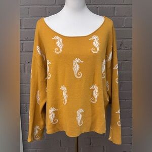 Anthropologie Maeve Seahorse Mustard Knit  top / sweater XL